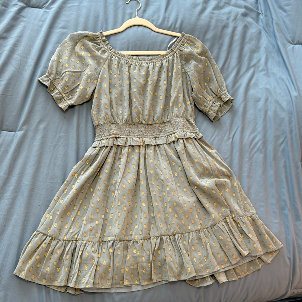 Blue Lulus off-the-shoulder dress with gold metallic pattern size medium - Picture 1 of 3
